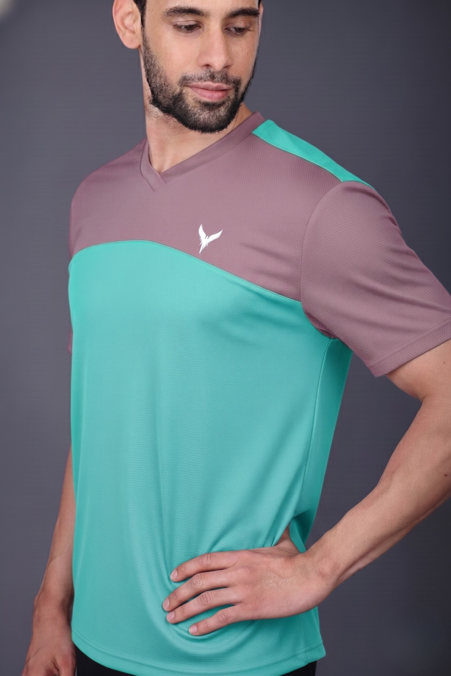 Yoddha Mesh - V neck Mauve and Turquoise T-shirt