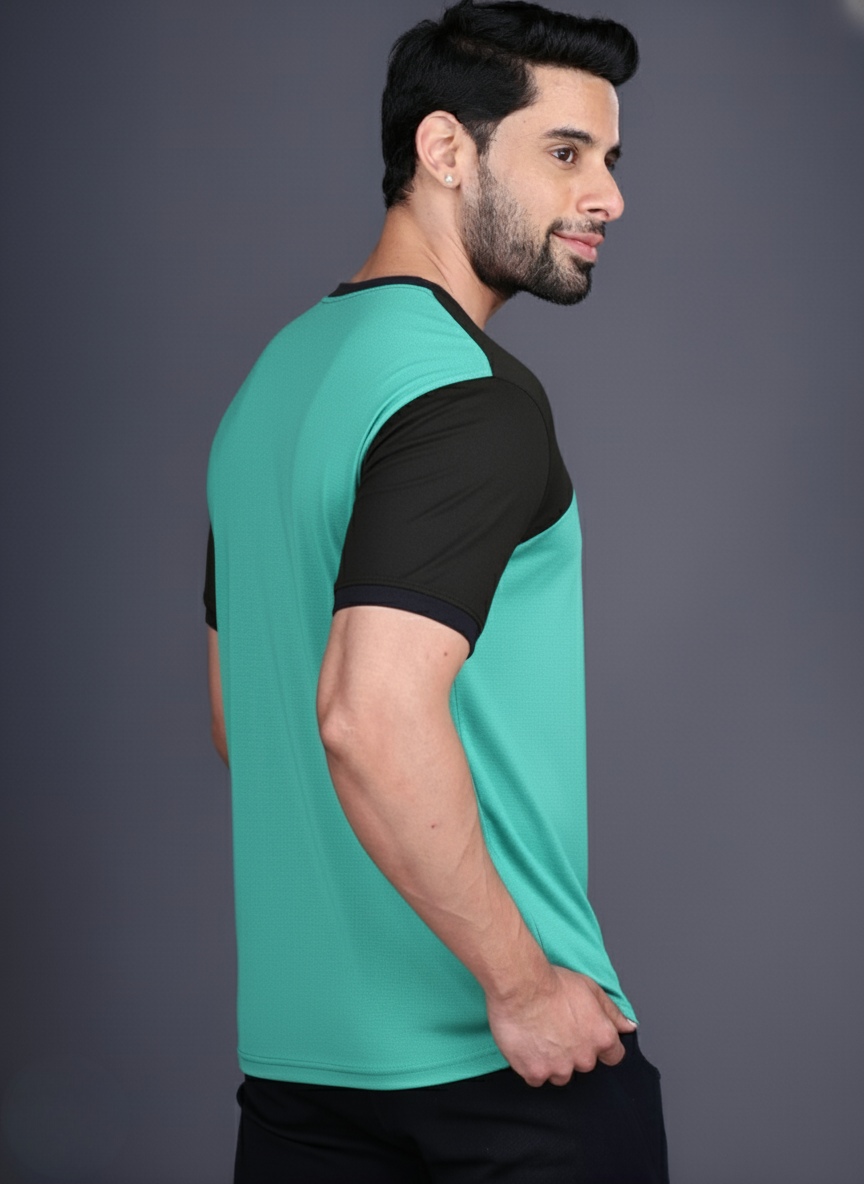 Yoddha Mesh - V neck Black and Turquoise T-shirt