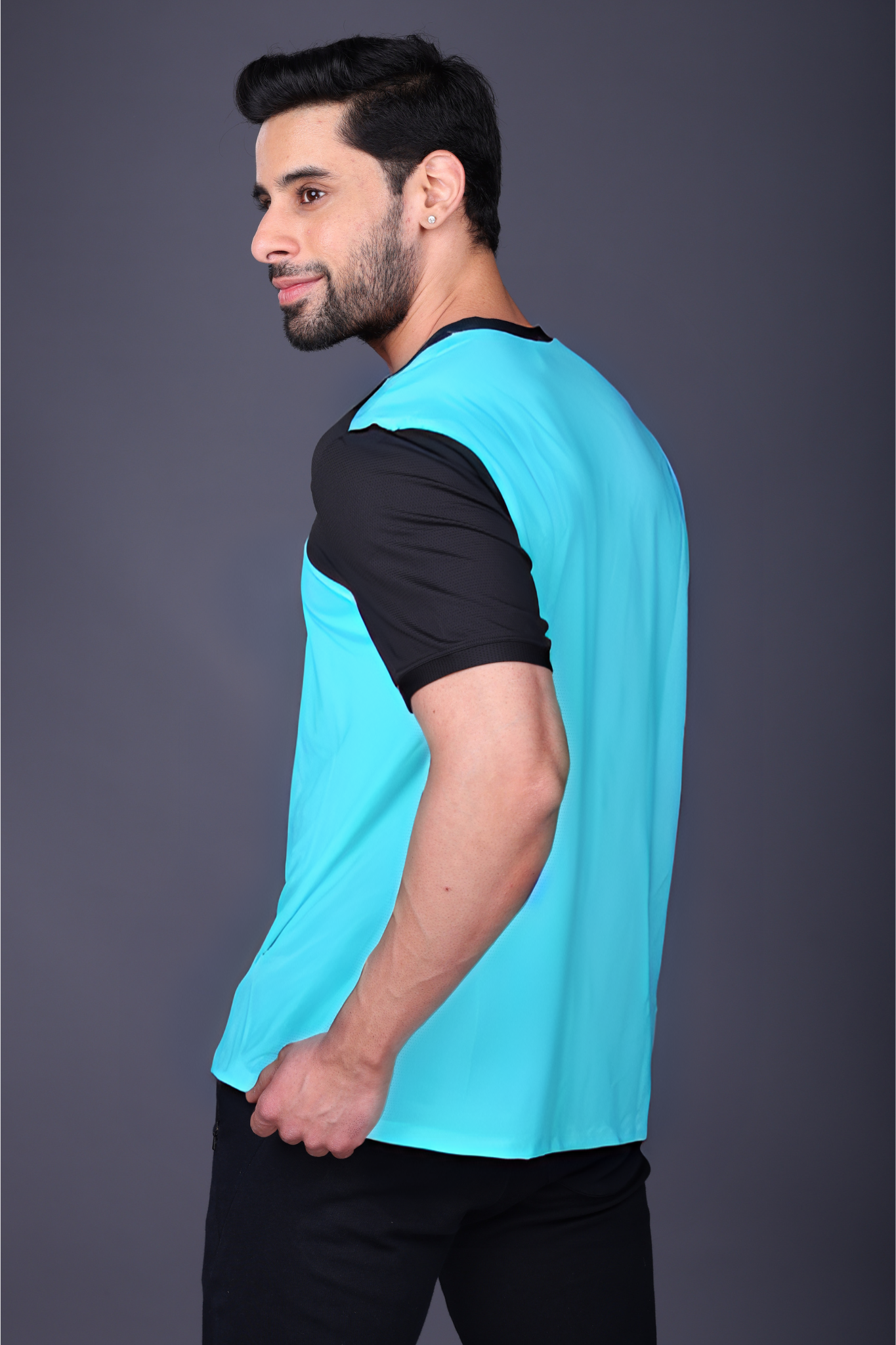 Yoddha Mesh - V neck Black and Turquoise T-shirt