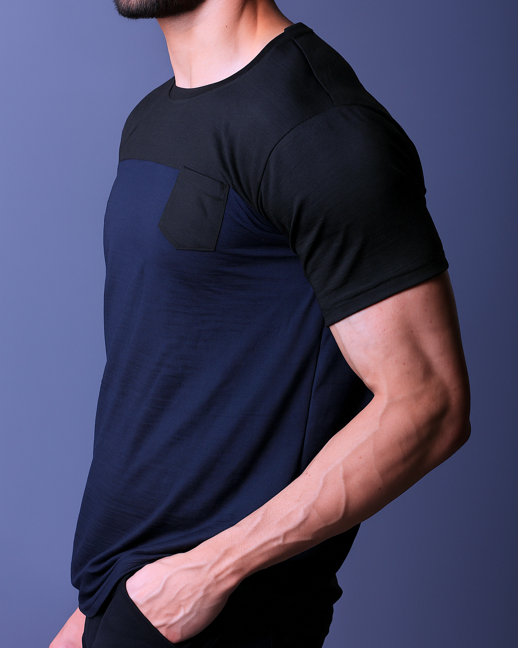 Yoddha Stretch - Round neck Black and Blue T Shirt