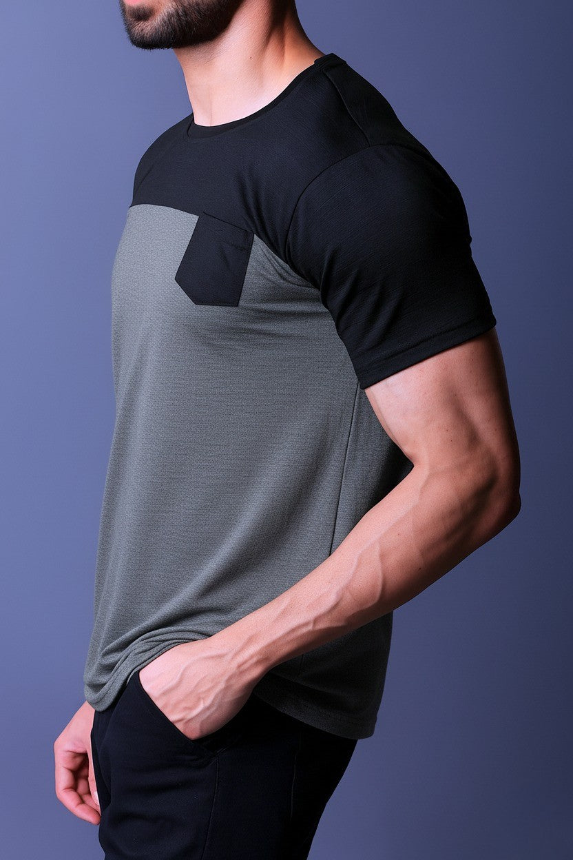 Yoddha Stretch - Round neck Black and Grey T Shirt
