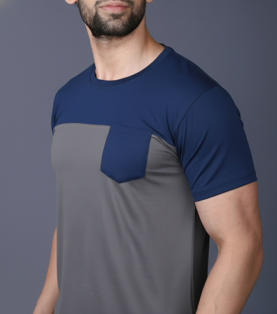 Yoddha Stretch - Round neck Blue and Grey T Shirt
