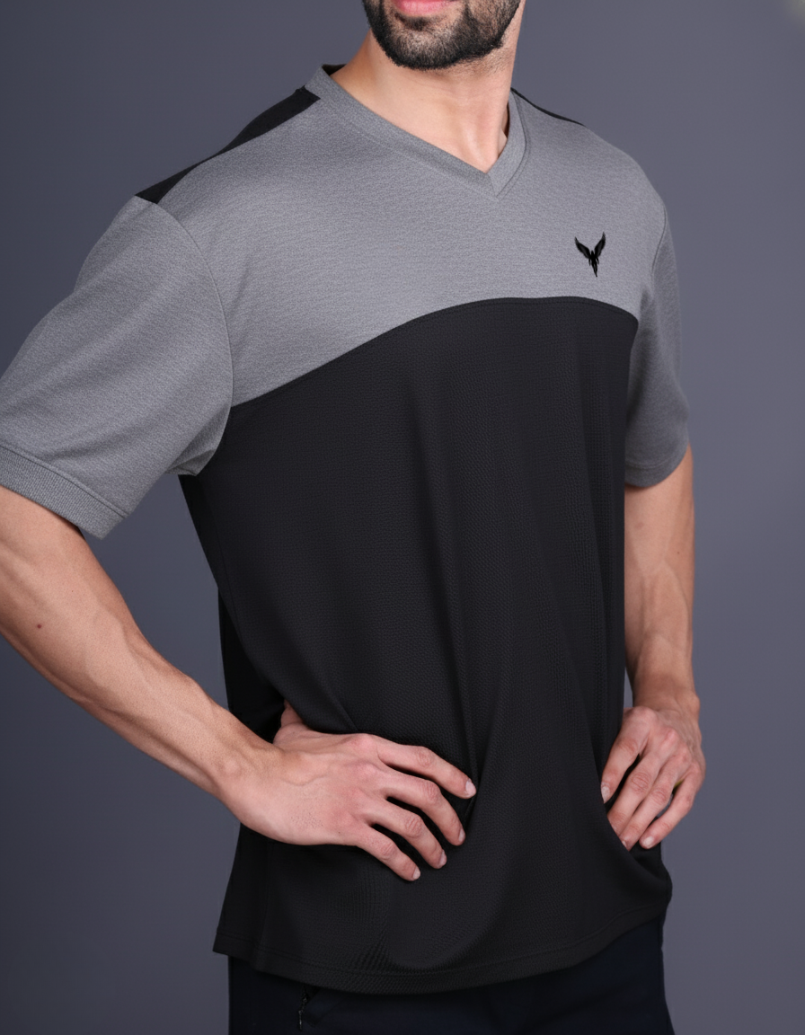 Yoddha Mesh - V neck Graphite and Black T-shirt