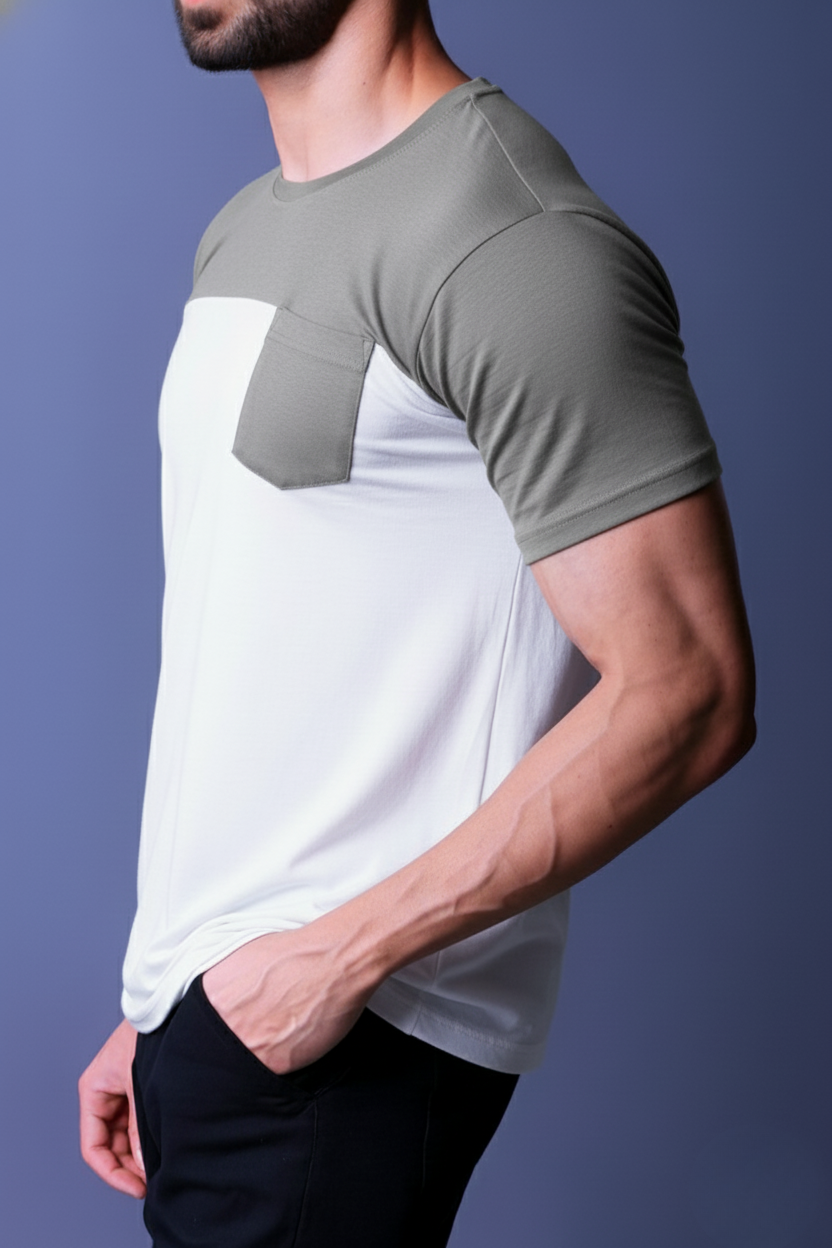 Yoddha Stretch - Round neck Grey and White T Shirt