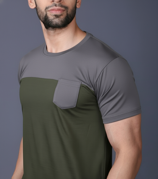 Yoddha Stretch - Round neck Grey and Olive T Shirt