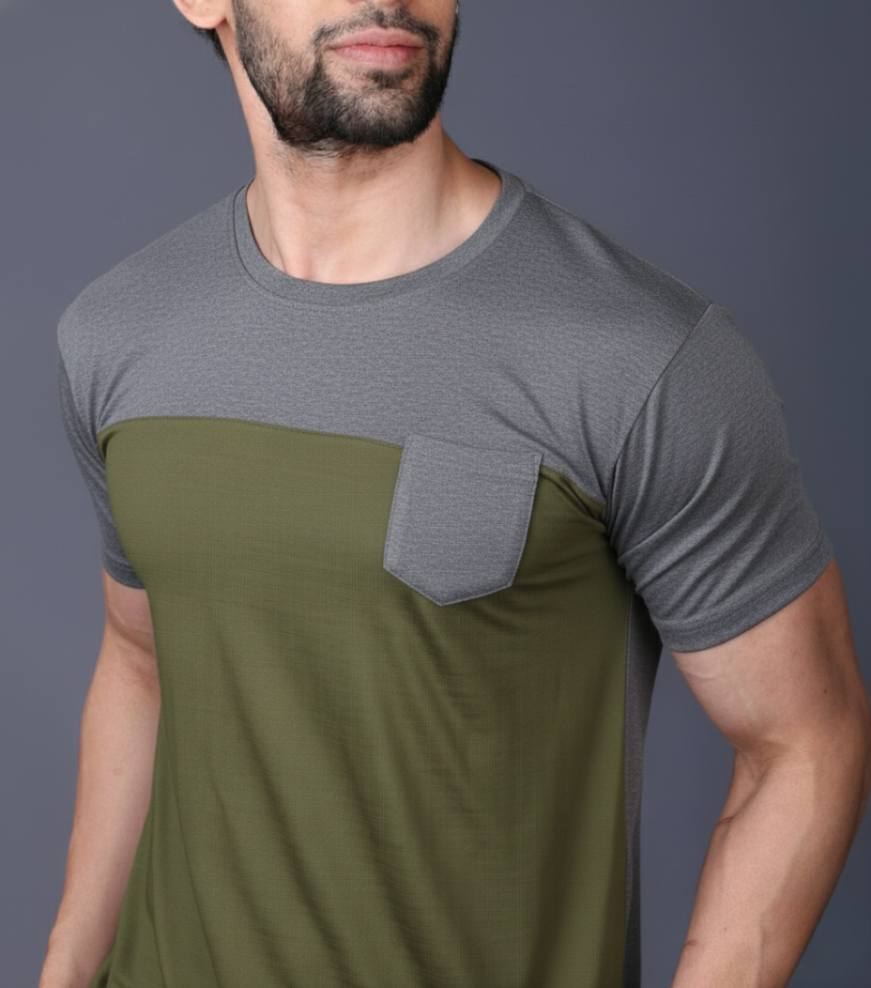 Yoddha Stretch - Round neck Grey and Olive T Shirt