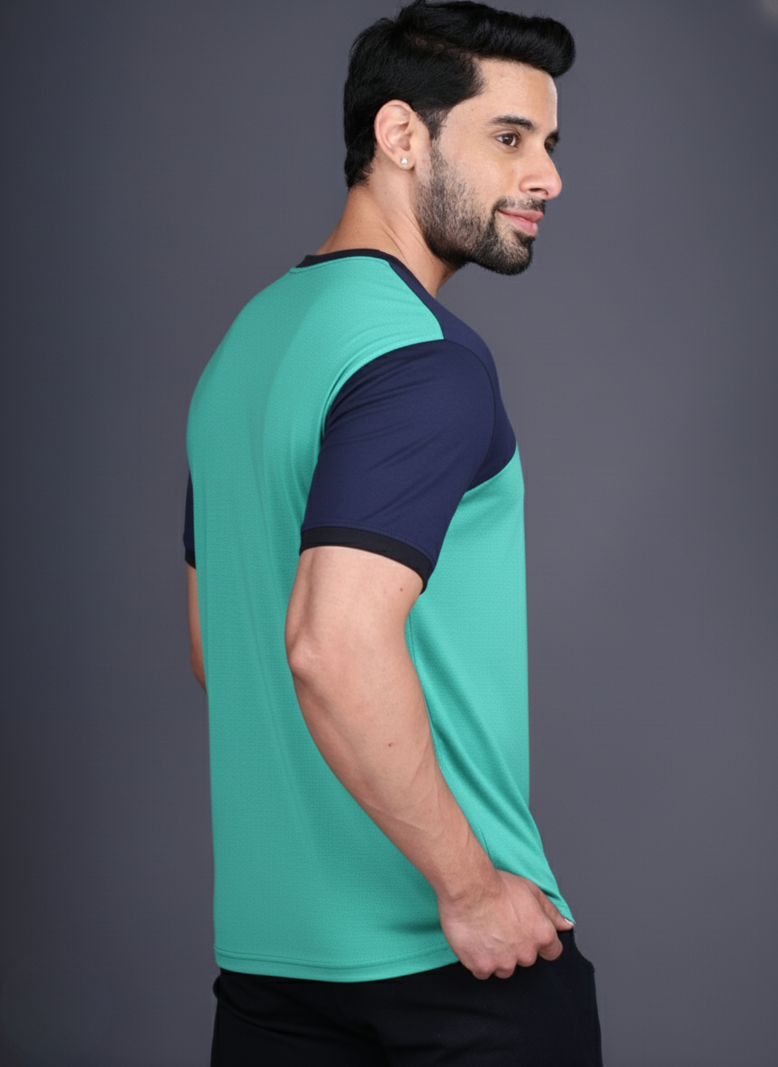 Yoddha Mesh - V neck Navy and Turquoise T-shirt