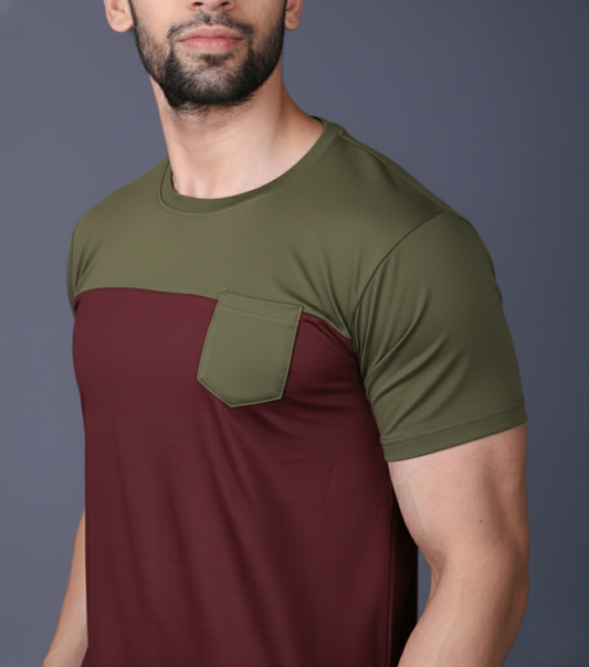 Yoddha Stretch - Round neck Olive and Maroon T Shirt