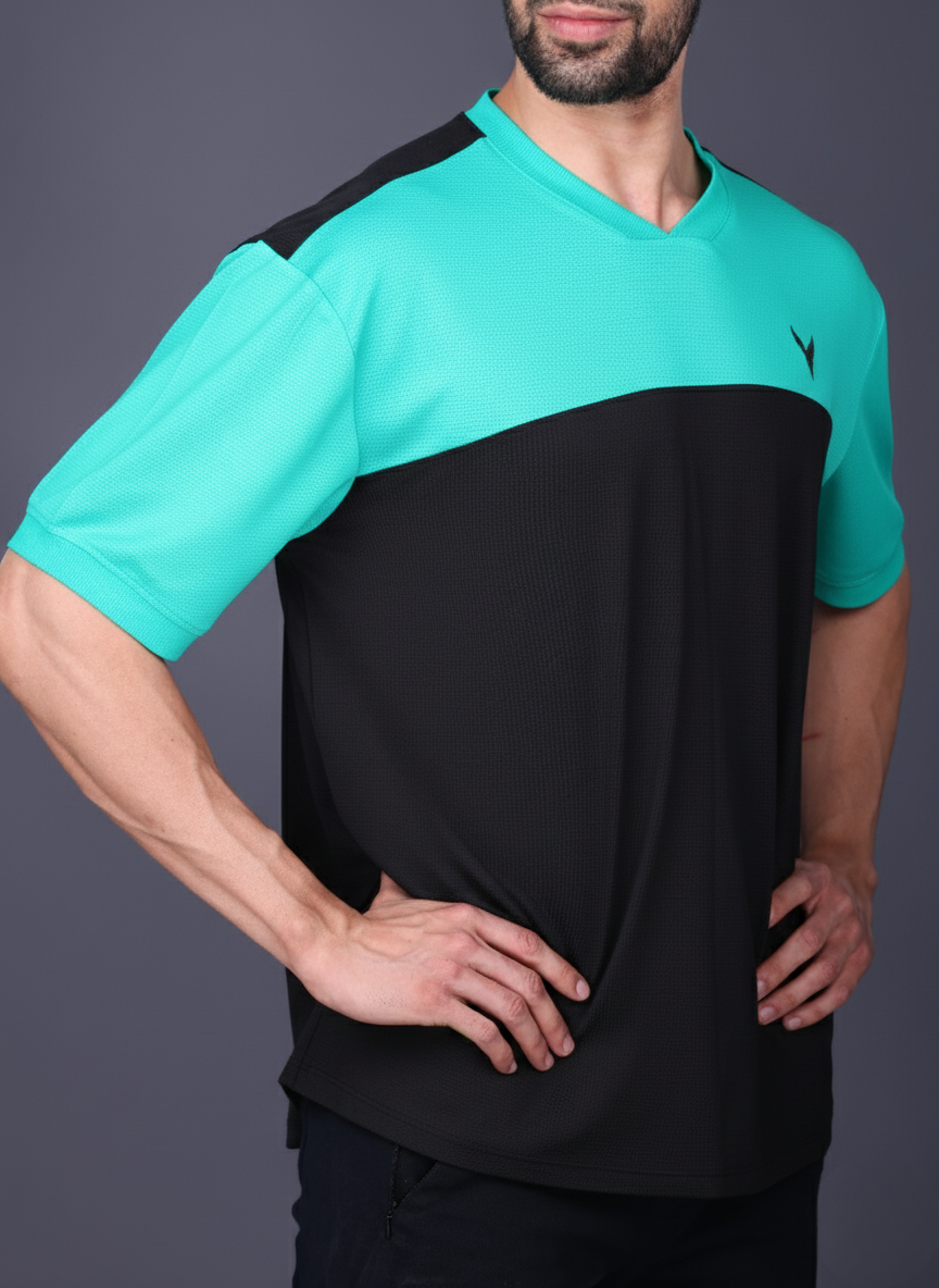 Yoddha Mesh - V neck Turquoise and Black T-shirt