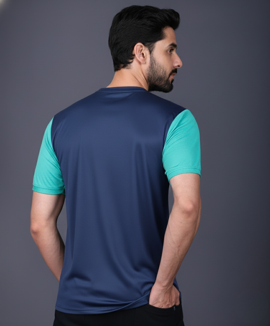 Yoddha Mesh - V neck Turquoise and Navy T-shirt