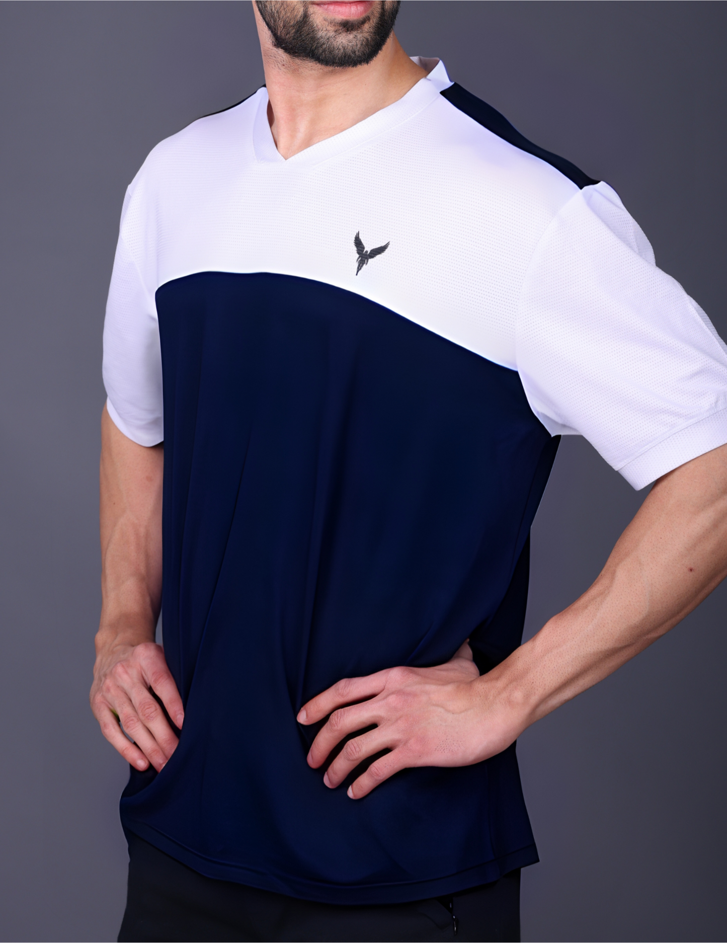 Yoddha Mesh - V neck White and Navy T-shirt