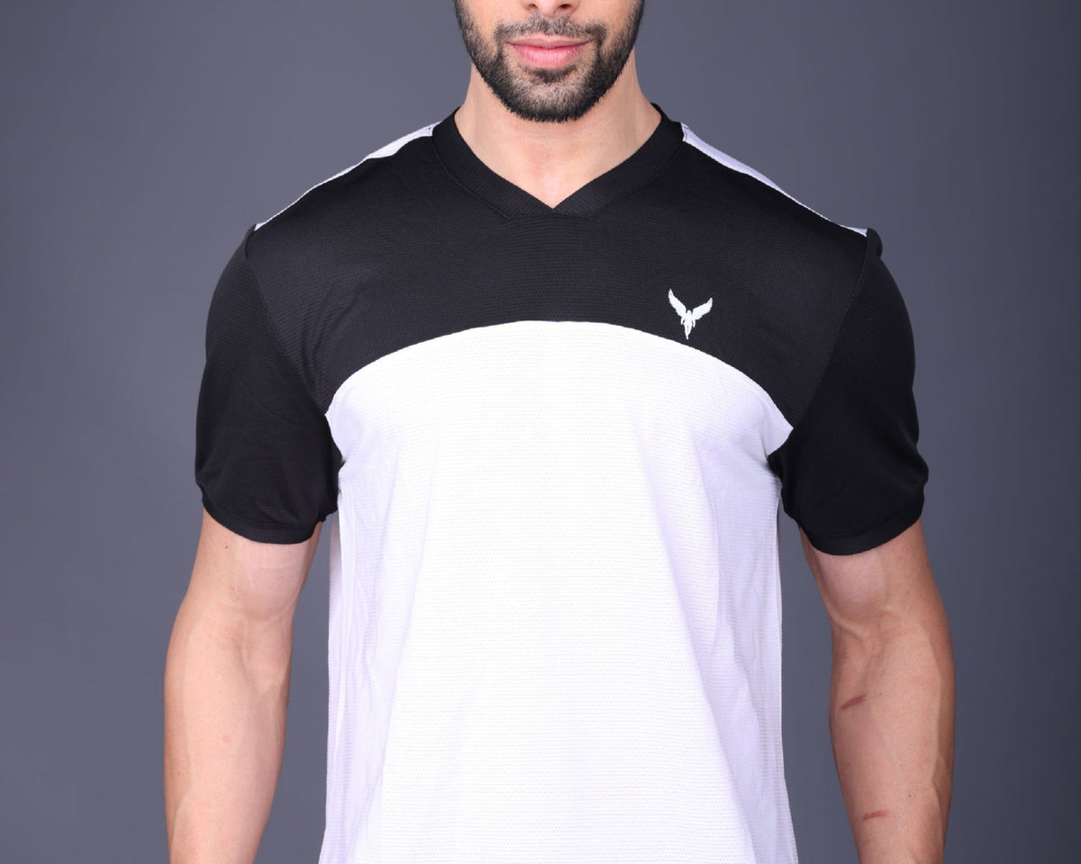 Yoddha Mesh - V neck Black and White T-shirt