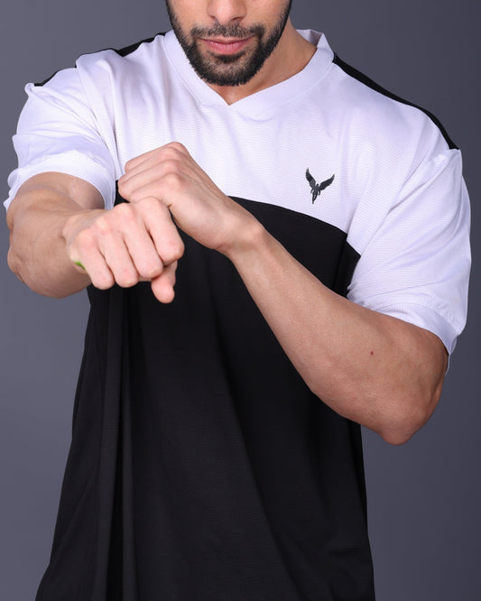 Yoddha Mesh - V neck White and Black T-shirt