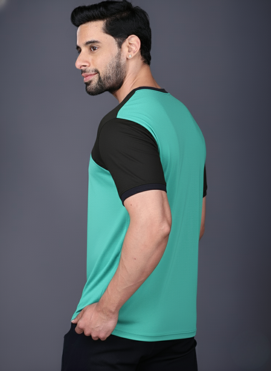 Yoddha Mesh - V neck Black and Turquoise T-shirt
