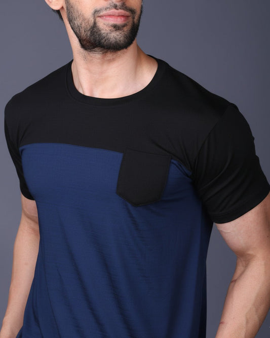 Yoddha Stretch - Round neck Black and Blue T Shirt