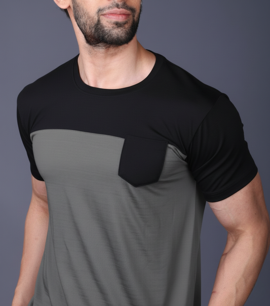 Yoddha Stretch - Round neck Black and Grey T Shirt
