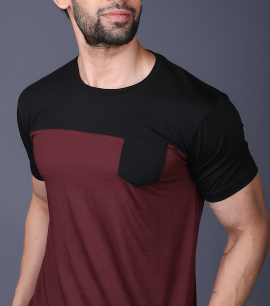 Yoddha Stretch - Round neck Black and Maroon T Shirt