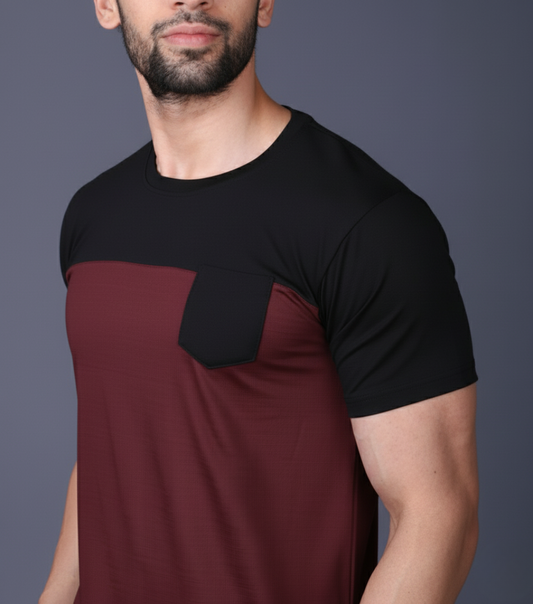 Yoddha Stretch - Round neck Black and Maroon T Shirt