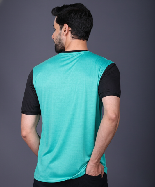 Yoddha Mesh - V neck Black and Turquoise T-shirt
