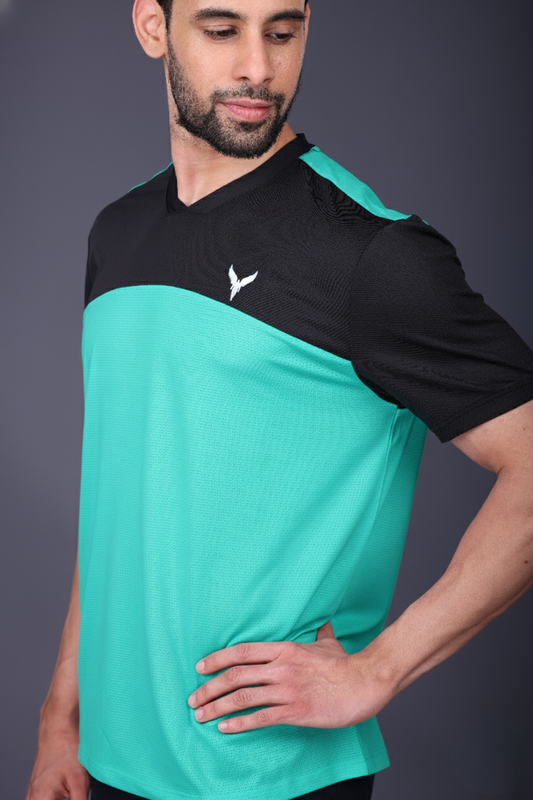 Yoddha Mesh - V neck Black and Turquoise T-shirt