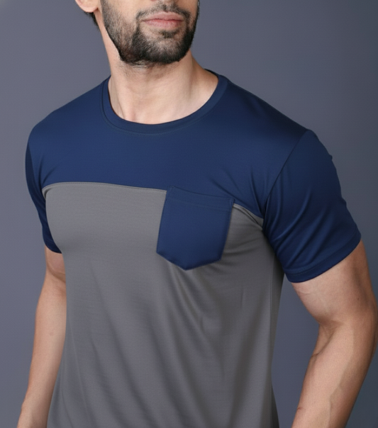 Yoddha Stretch - Round neck Blue and Grey T Shirt