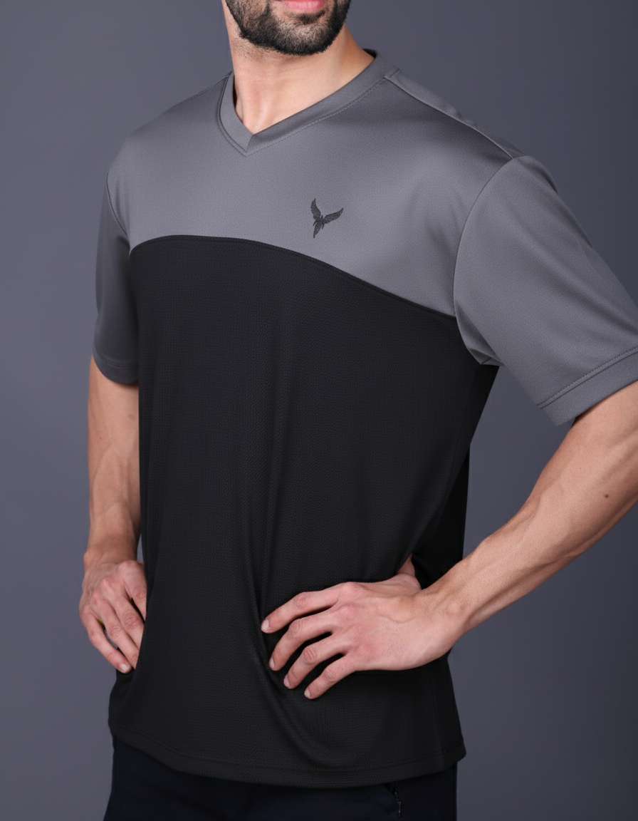 Yoddha Mesh - V neck Graphite and Black T-shirt