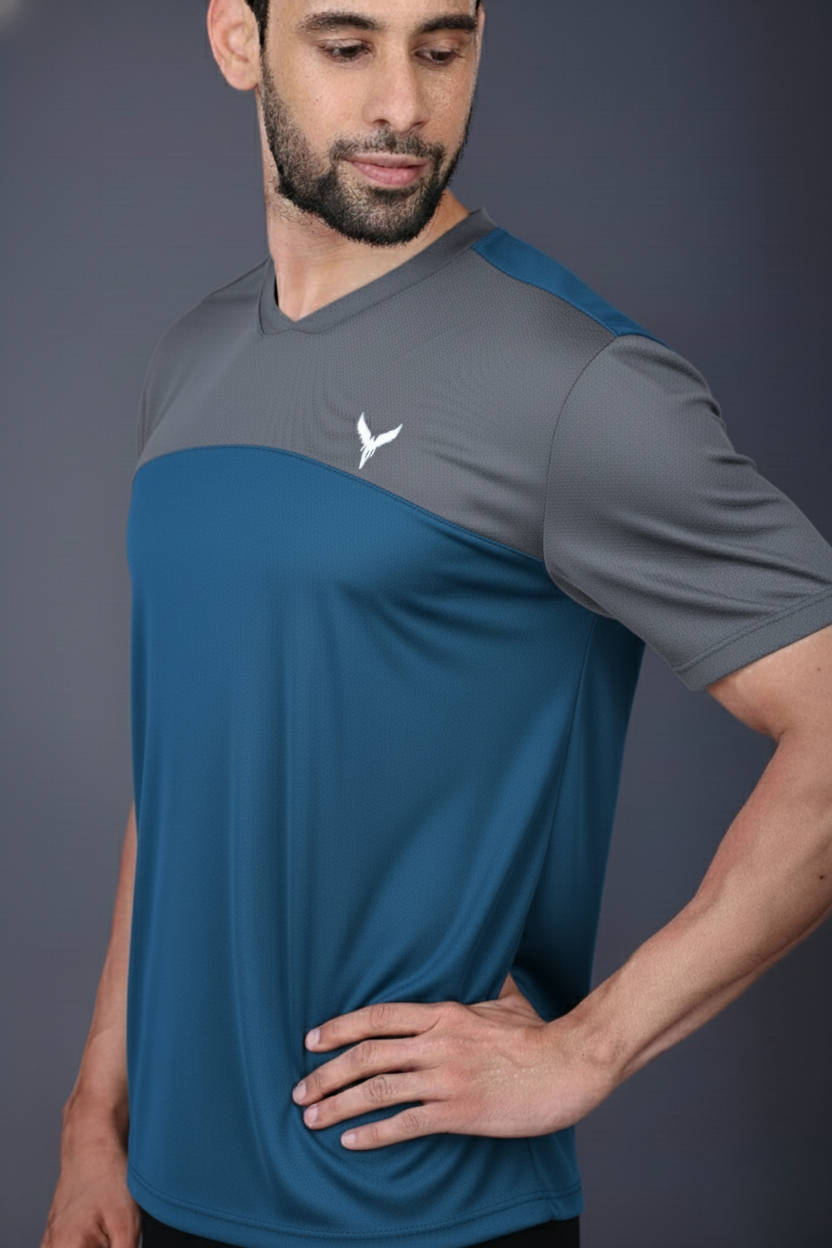 Yoddha Mesh - V neck Graphite and Scuba T-shirt