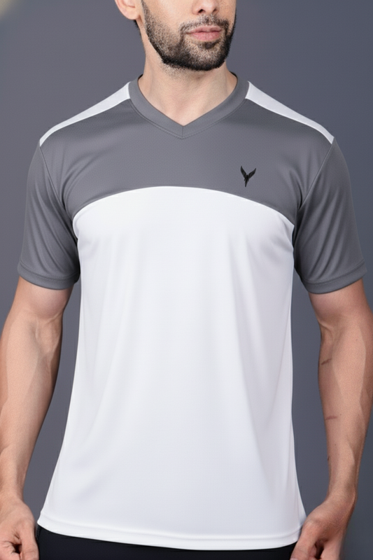 Yoddha Mesh - V neck Graphite and White T-shirt
