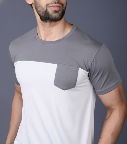 Yoddha Stretch - Round neck Grey and White T Shirt