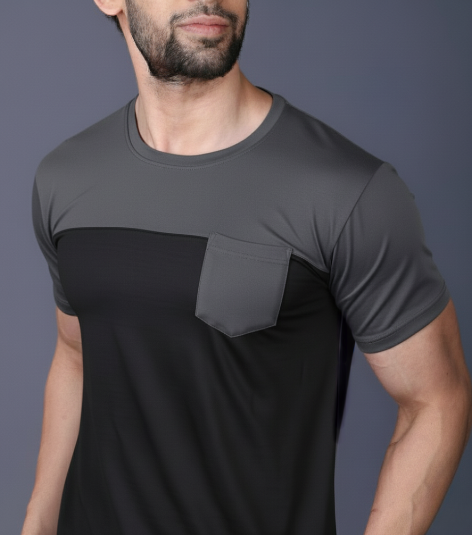 Yoddha Stretch - Round neck Grey and Black T Shirt