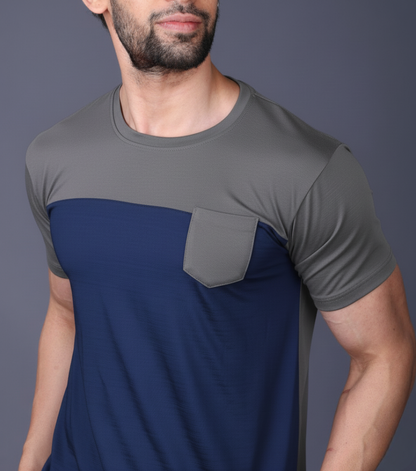 Yoddha Stretch - Round neck Grey and Blue T Shirt