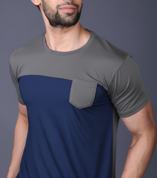 Yoddha Stretch - Round neck Grey and Blue T Shirt