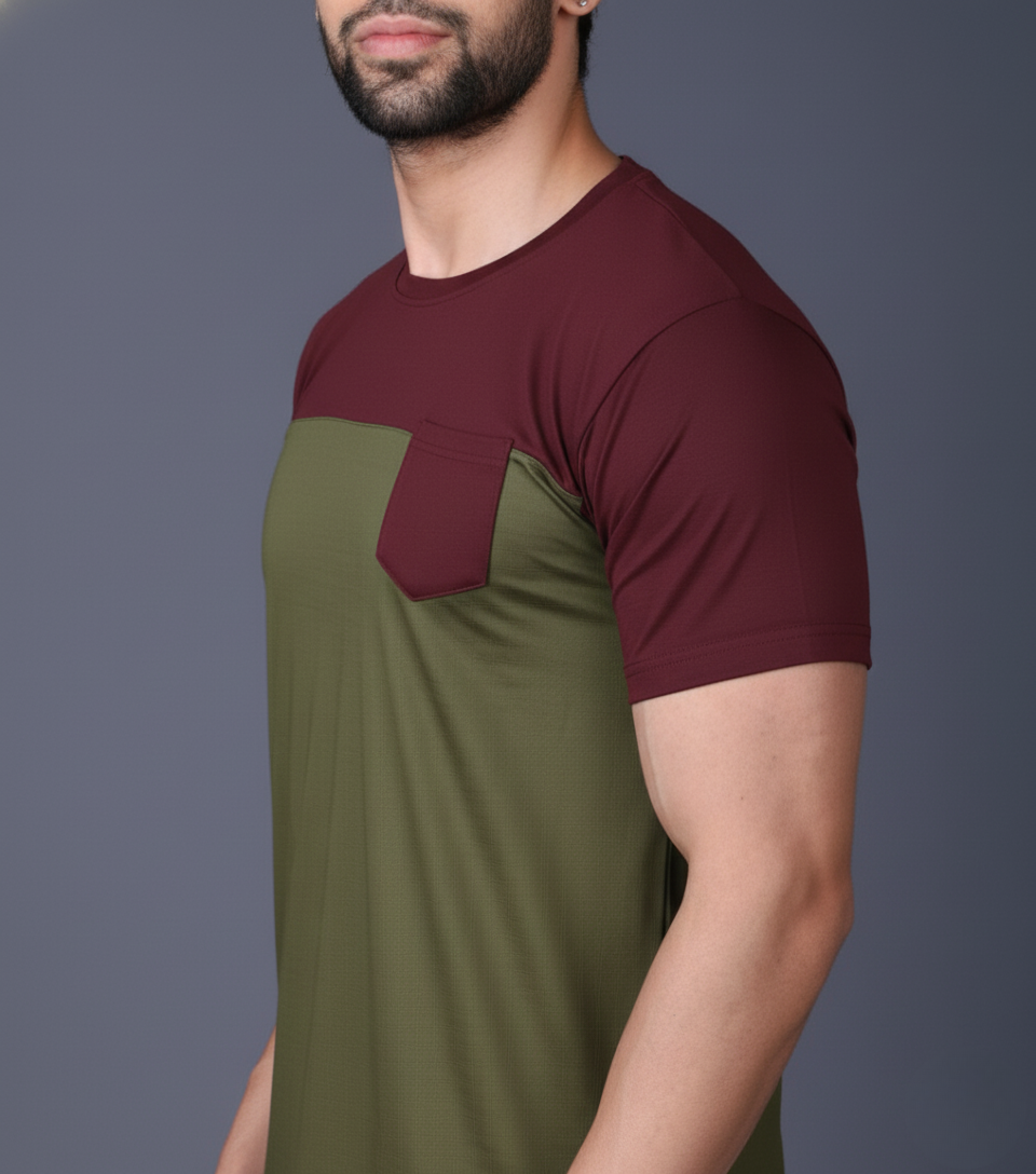 Yoddha Stretch - Round neck Maroon and Olive T Shirt