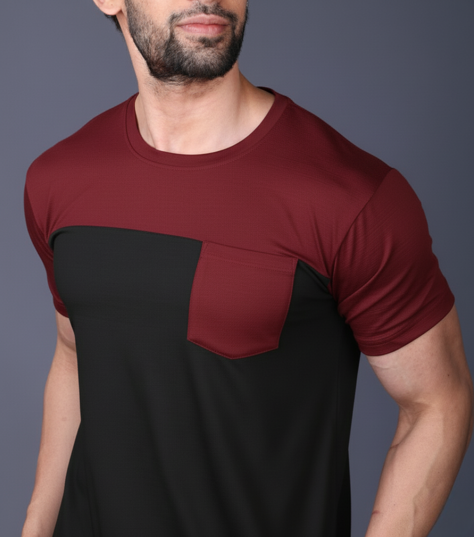 Yoddha Stretch - Round neck Maroon and Black T Shirt
