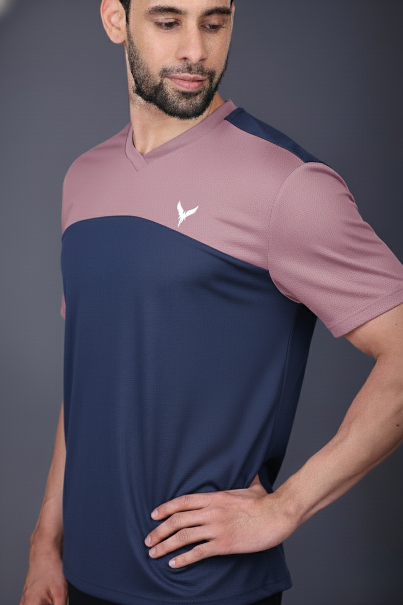 Yoddha Mesh - V neck Mauve and Navy T-shirt