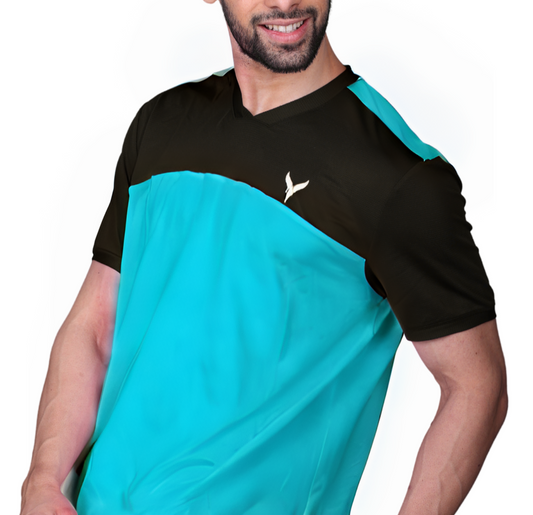 Yoddha Mesh - V neck Black and Turquoise T-shirt