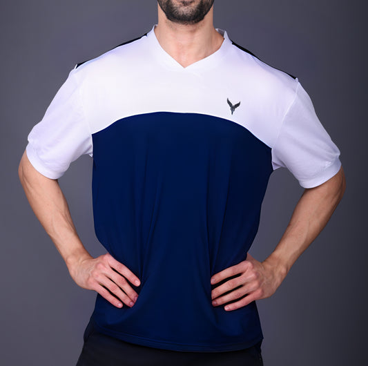 Yoddha Mesh - V neck White and Navy T-shirt