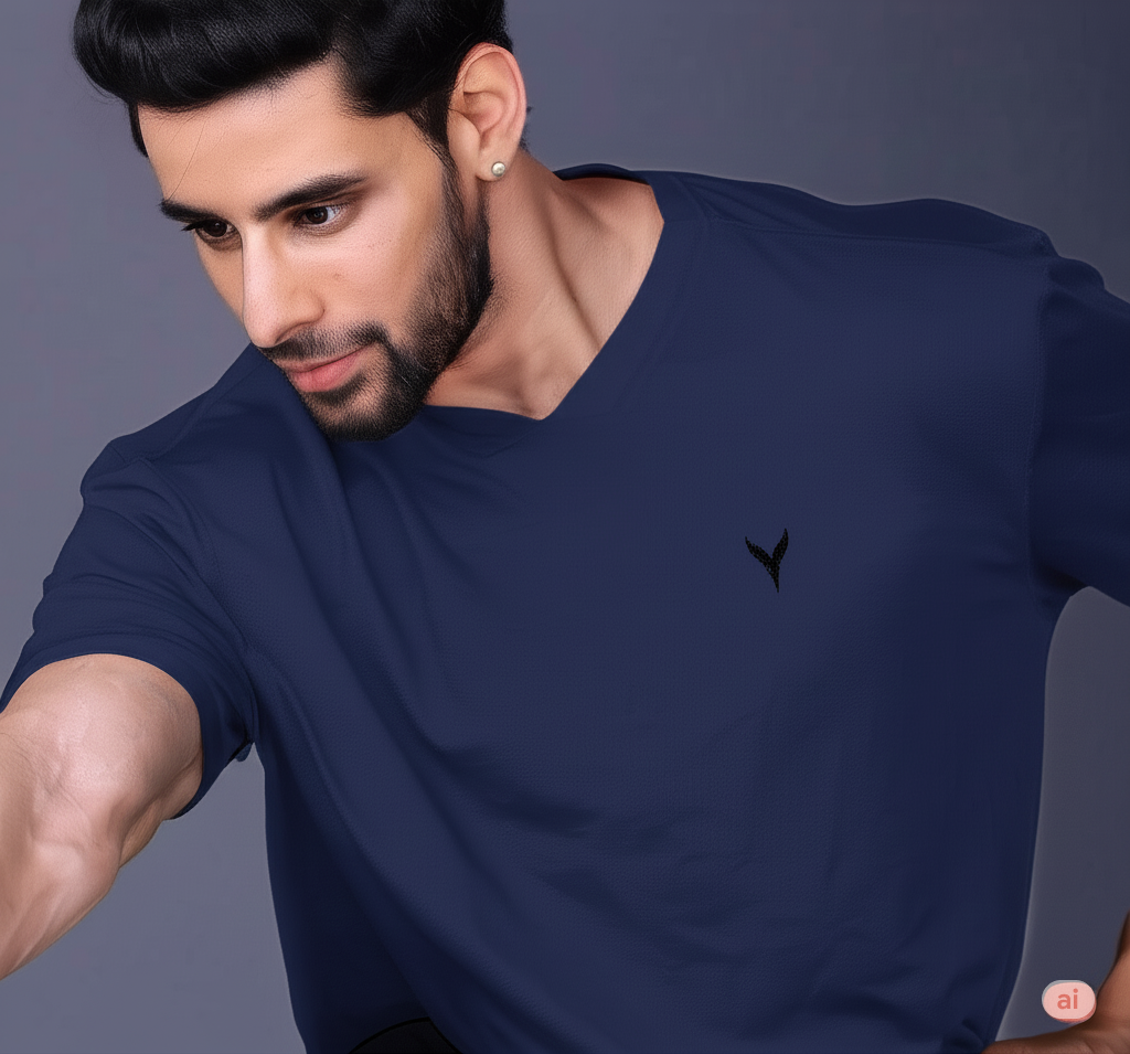 Yoddha Mesh - V neck Navy T-shirt