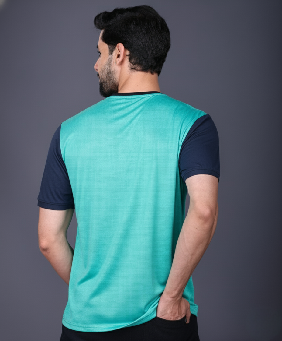 Yoddha Mesh - V neck Navy and Turquoise T-shirt