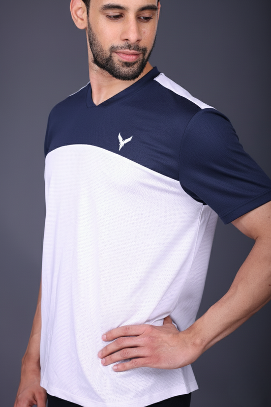 Yoddha Mesh - V neck Navy and White T-shirt
