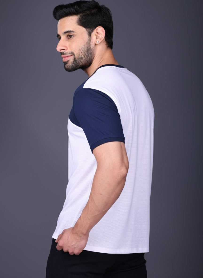 Yoddha Mesh - V neck Navy and White T-shirt