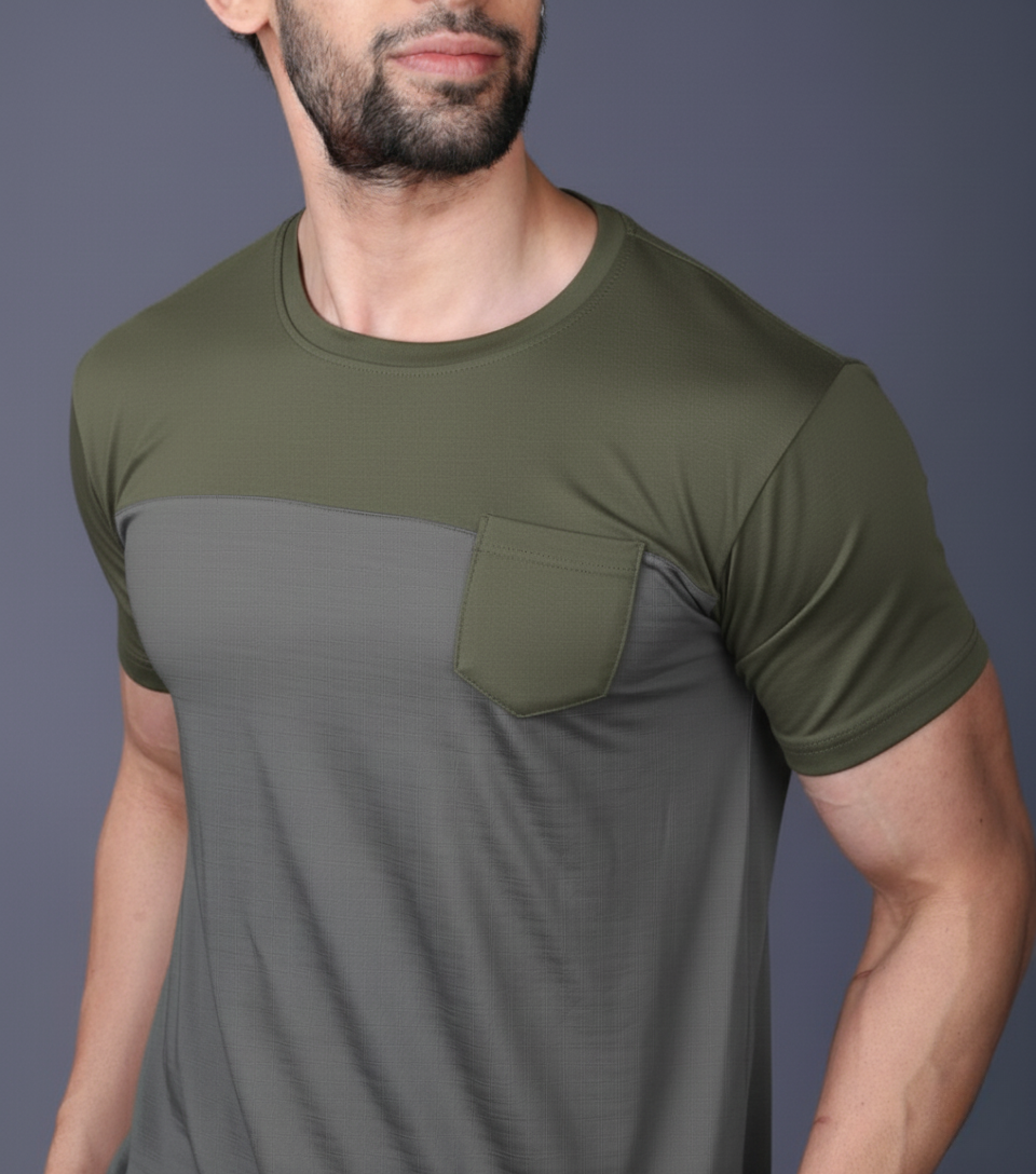 Yoddha Stretch - Round neck Olive and Grey T Shirt