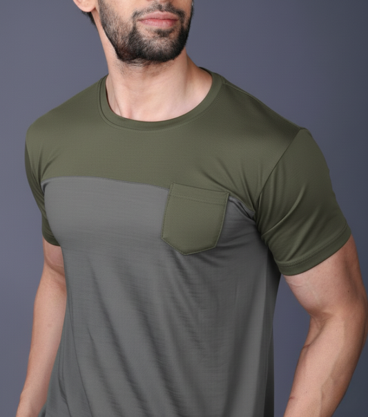 Yoddha Stretch - Round neck Olive and Grey T Shirt
