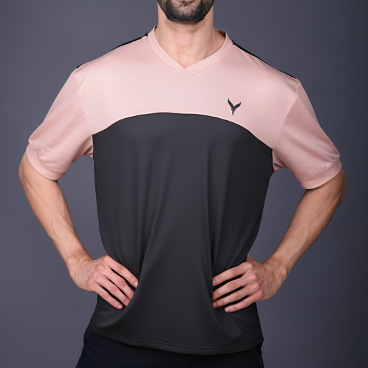 Yoddha Mesh - V neck Rose Dawn and Black T-shirt