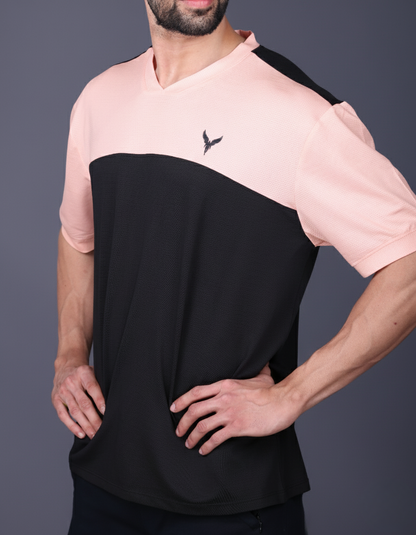 Yoddha Mesh - V neck Rose Dawn and Black T-shirt