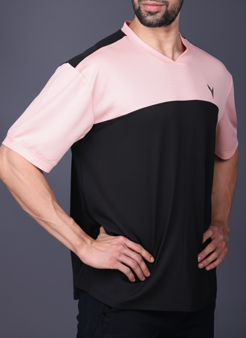 Yoddha Mesh - V neck Rose Dawn and Black T-shirt