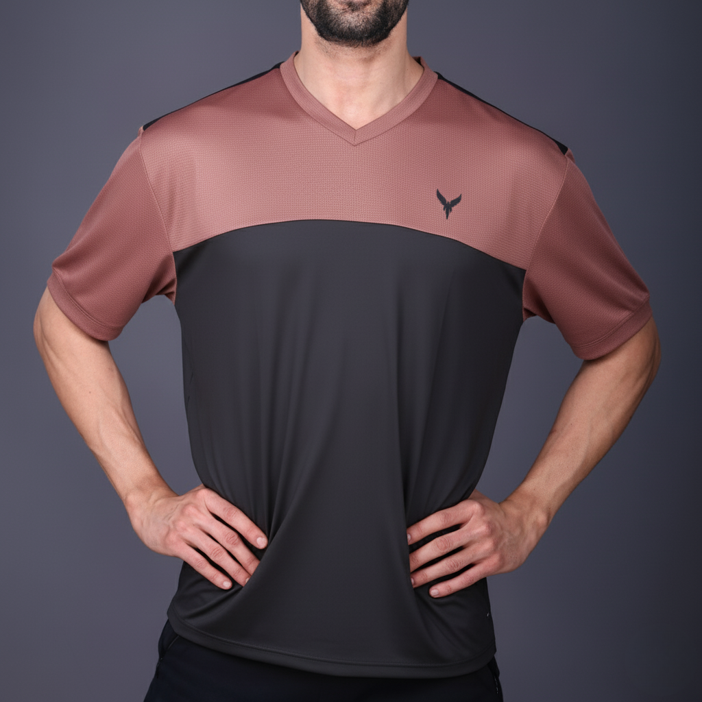 Yoddha Mesh - V neck Rose Dawn and Black T-shirt