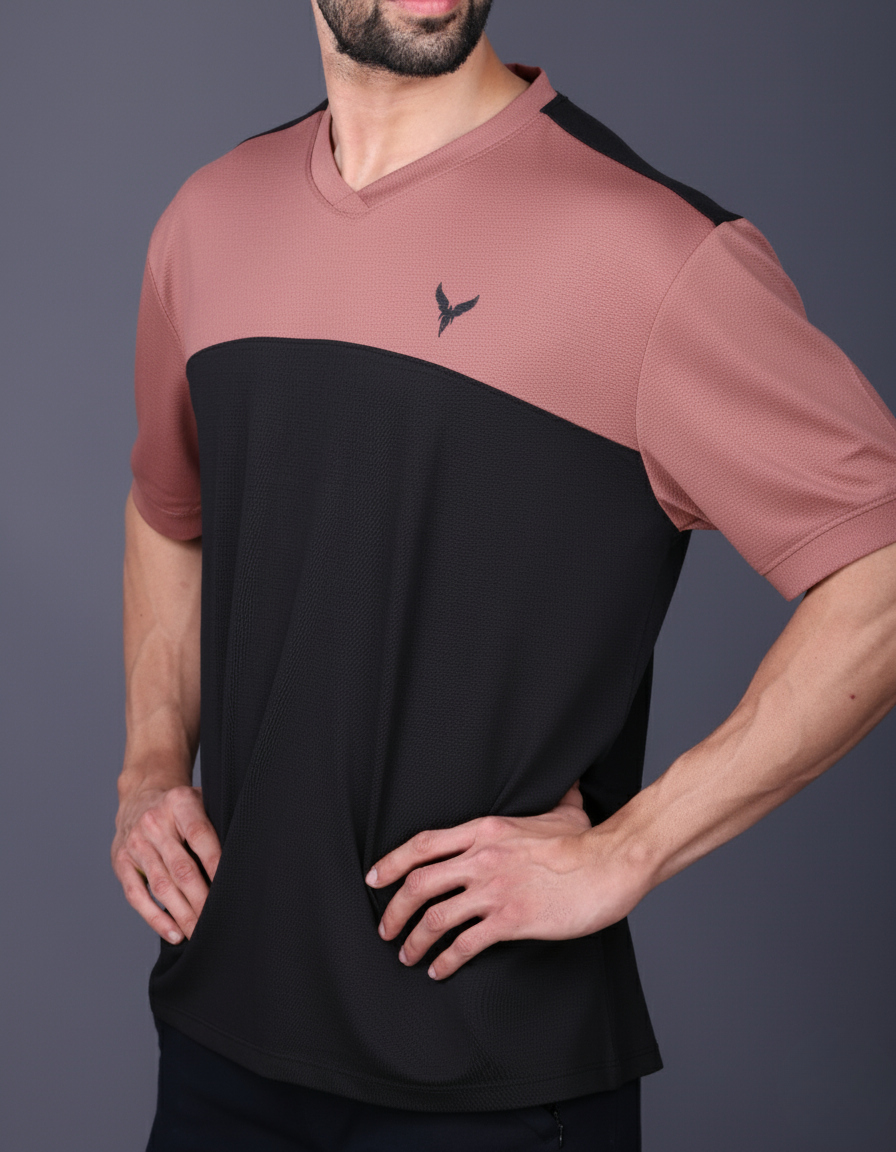 Yoddha Mesh - V neck Rose Dawn and Black T-shirt