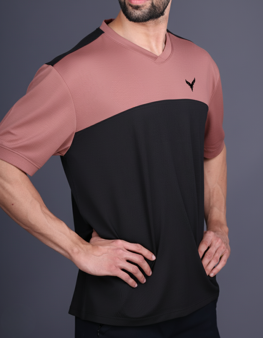 Yoddha Mesh - V neck Rose Dawn and Black T-shirt