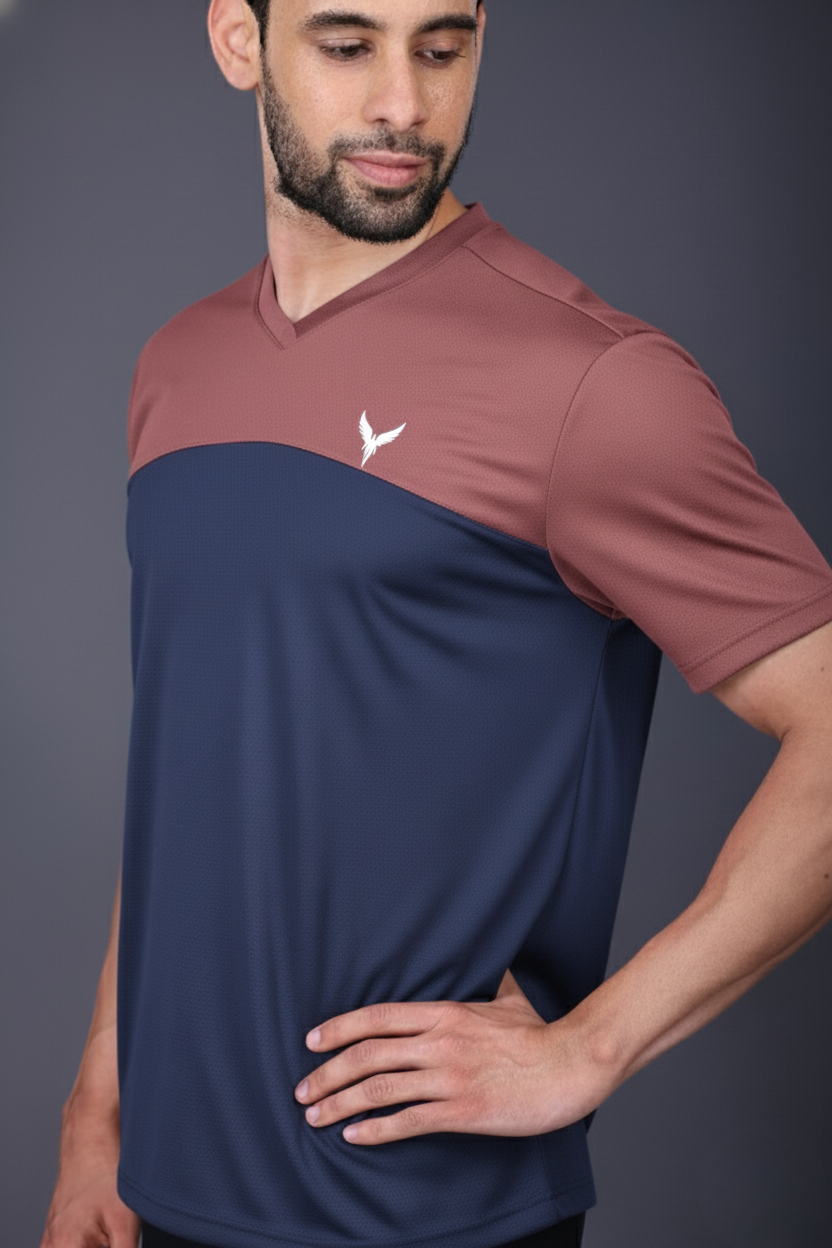 Yoddha Mesh - V neck Rose Dawn and Navy T-shirt